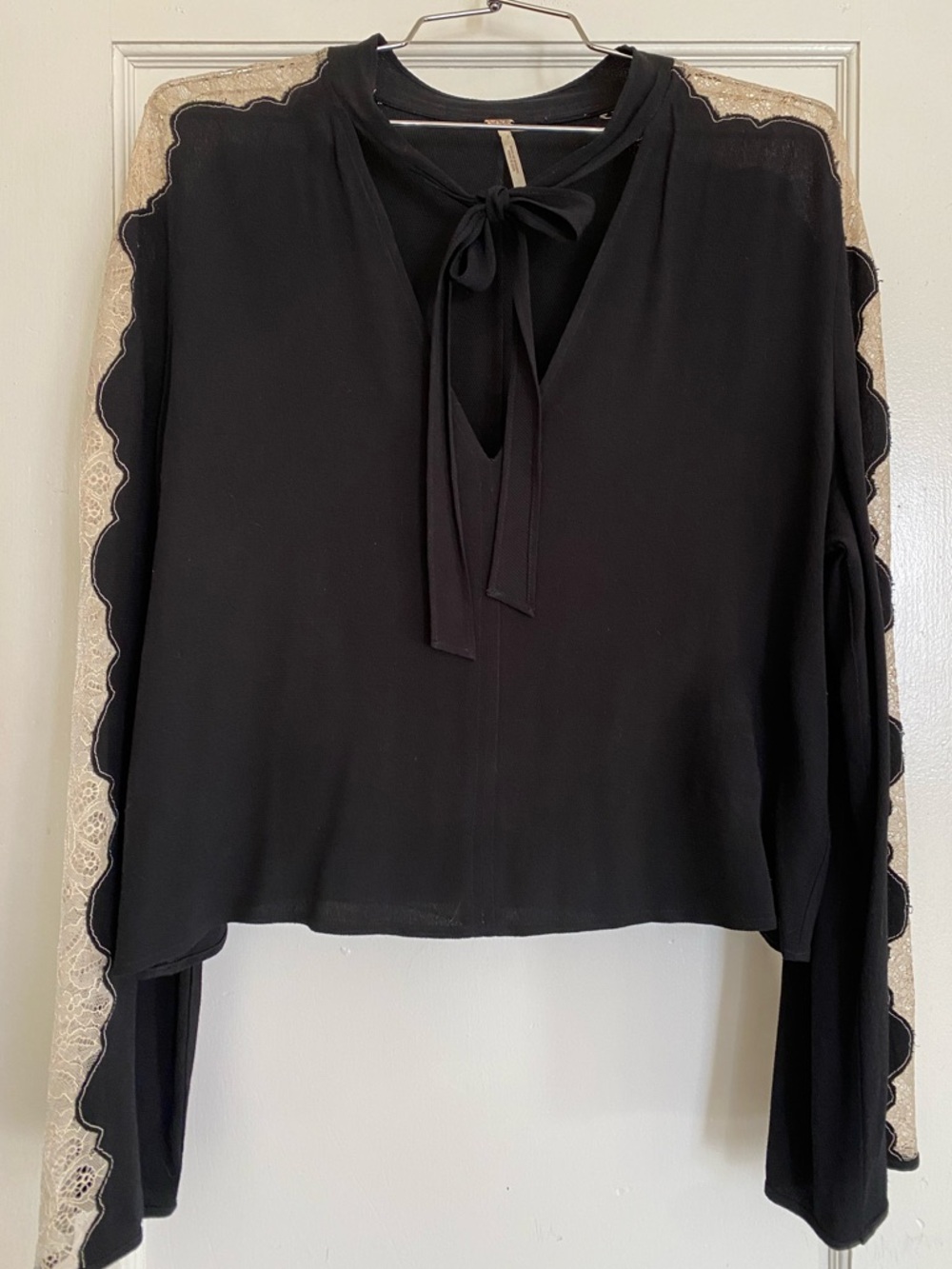 Free People Black Tie-Neck Blouse with Lace-Trim Sleeves